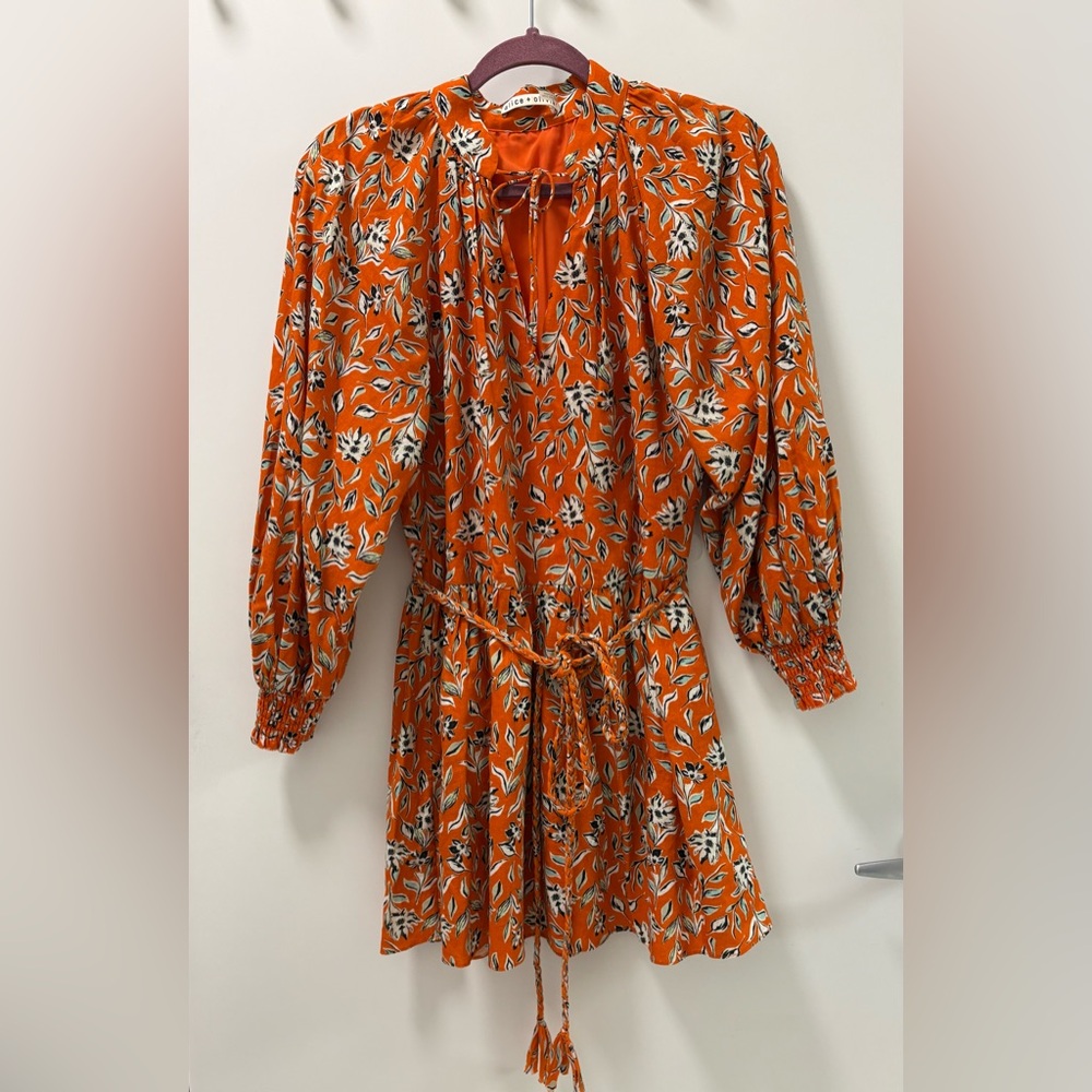 Alice + Olivia Lilian Belted Floral Print Linen-Blend Gauze Mini Dress Size 0 - Picture 4 of 12